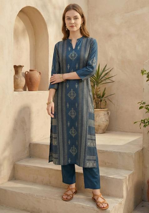 Blue Embroidery Cotton Kurta Set