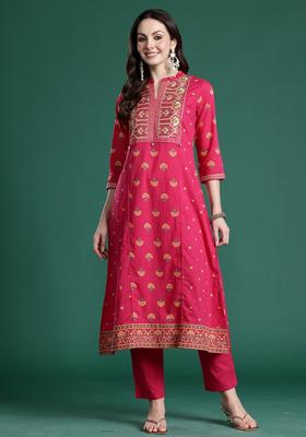Pink Embroidery Cotton Kurta Set