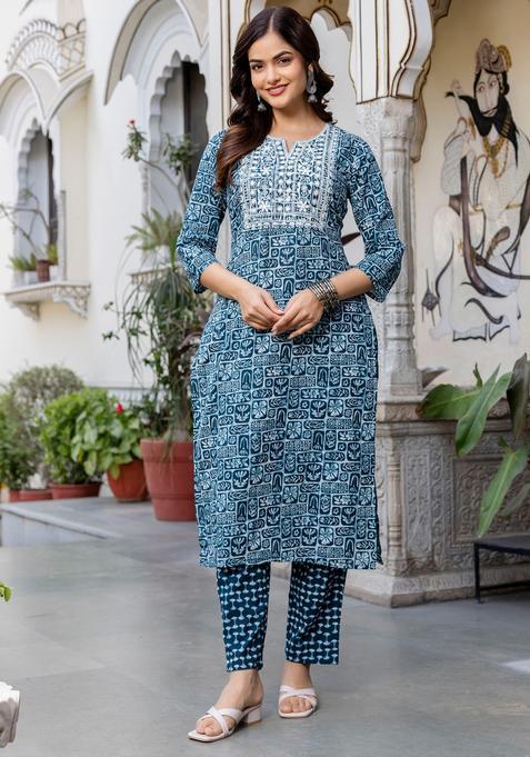 Blue Embroidery Cotton Kurta Set