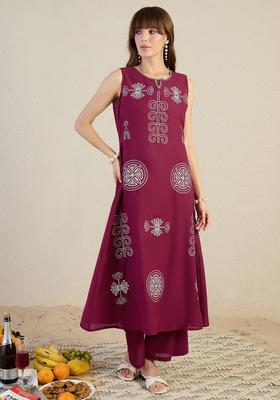 Maroon Embroidery Cotton Kurta Set