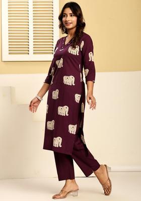 Purple Embroidery Cotton Kurta Set