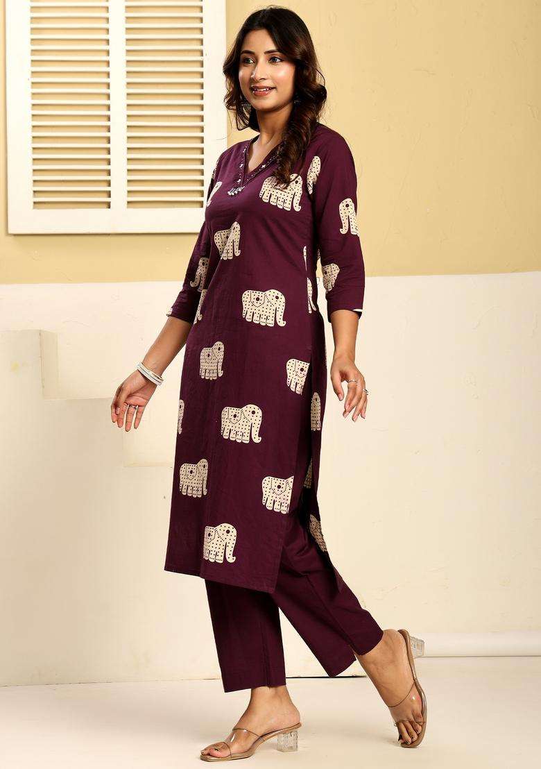 Purple Printed Cotton Straight Kurta Set - Indya