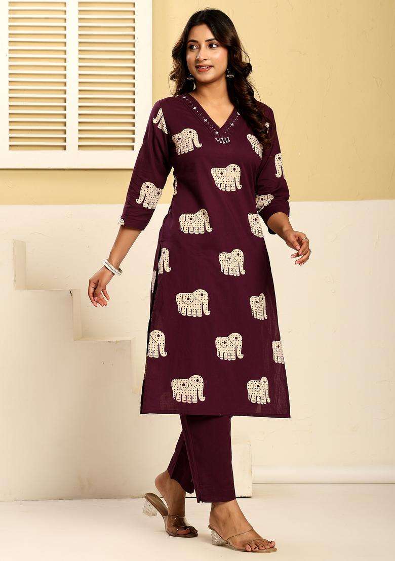 Purple Printed Cotton Straight Kurta Set - Indya