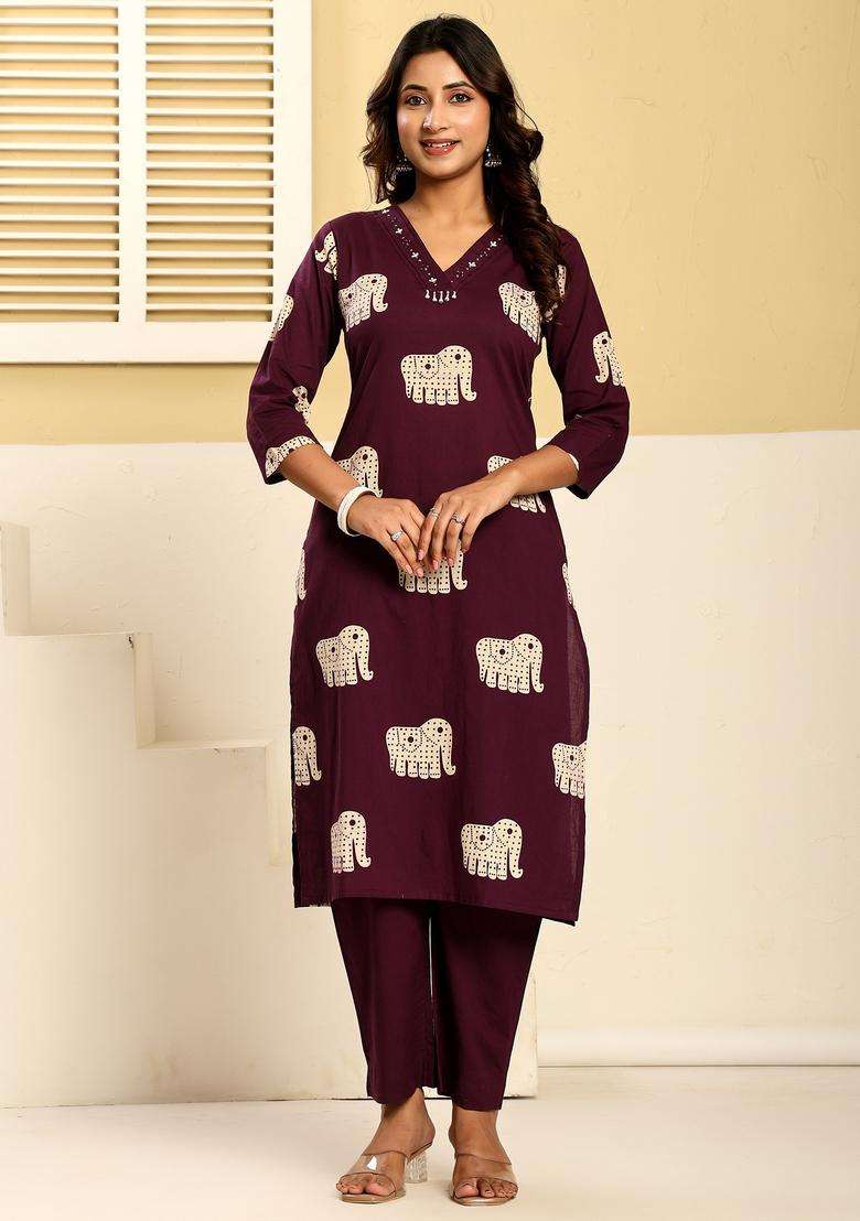 Purple Printed Cotton Straight Kurta Set - Indya