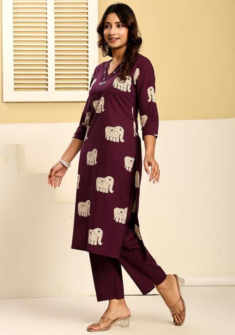 Purple Embroidery Cotton Kurta Set