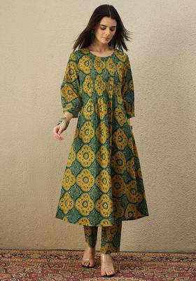 Green Printed Cotton A Line Kurta Set