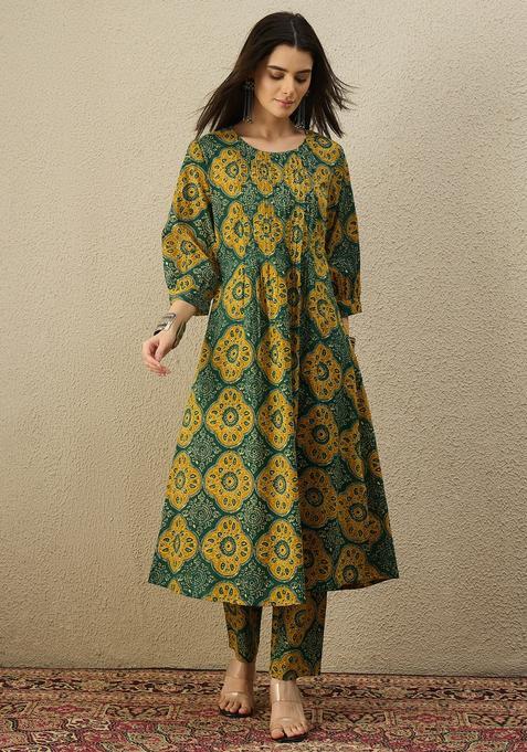 Green Embroidery Cotton Kurta Set