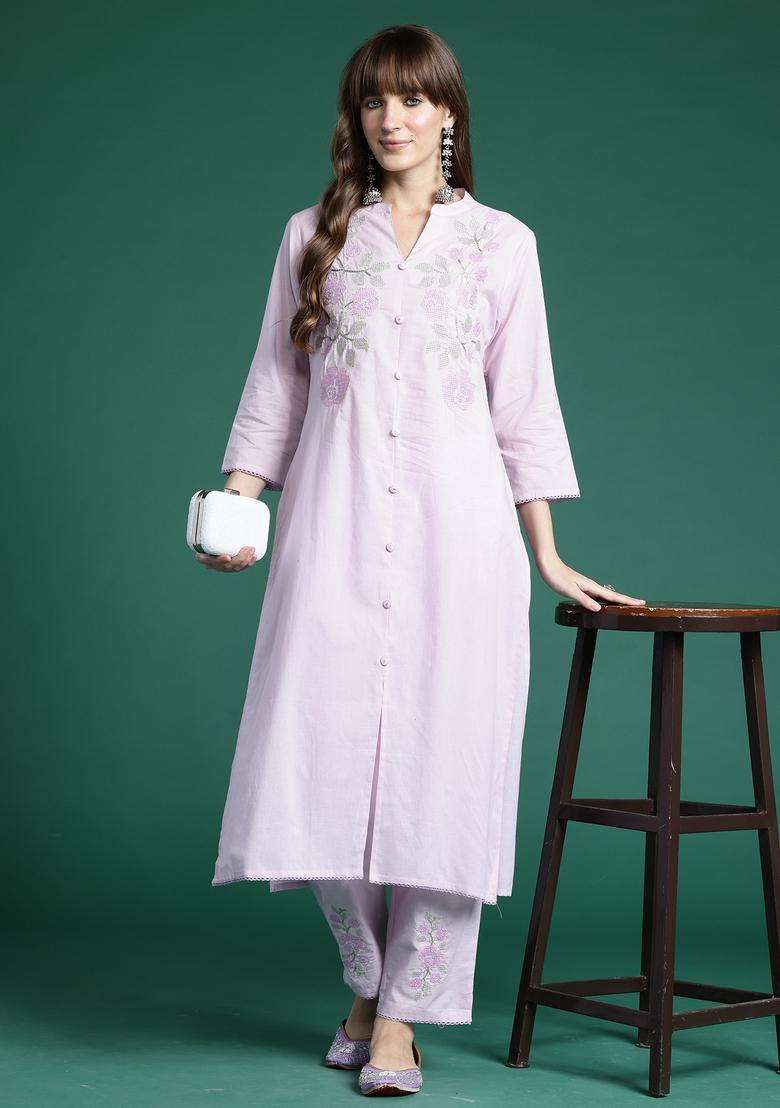 Lavender Chikankari Cotton Straight Kurta Set - Indya