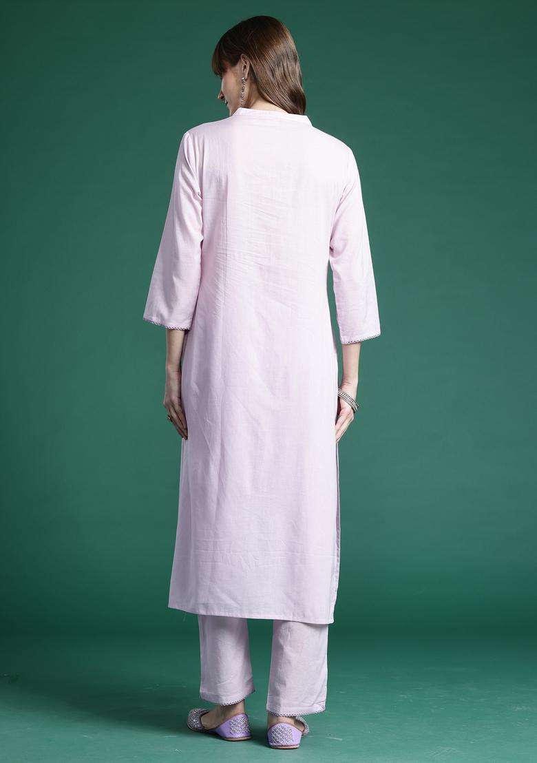 Lavender Chikankari Cotton Straight Kurta Set - Indya