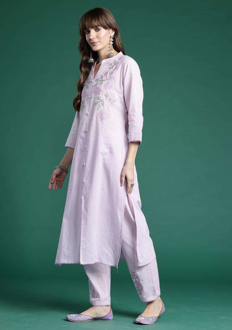 Lavender Chikankari Cotton Straight Kurta Set - Indya