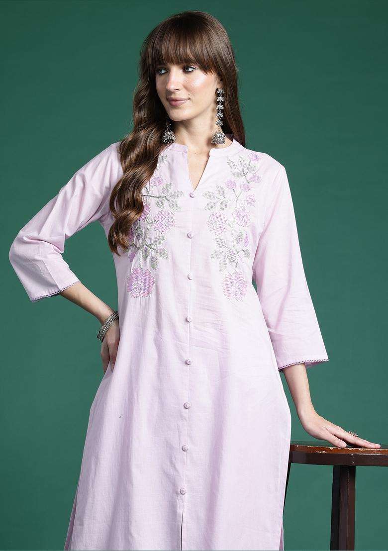 Lavender Chikankari Cotton Straight Kurta Set - Indya