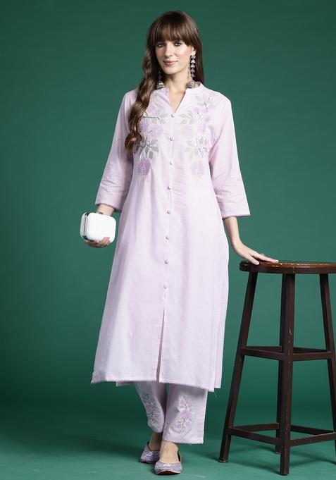 Lavender Embroidery Cotton Kurta Set