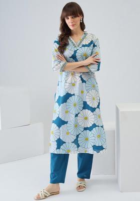 Blue Floral Print Cotton Straight Kurta Set
