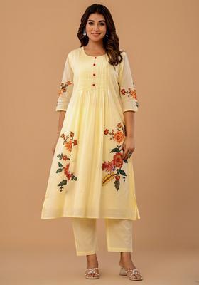 Off White Embroidery Cotton Kurta Set