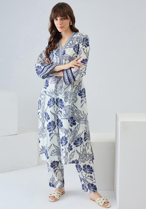 Off White Embroidery Cotton Kurta Set