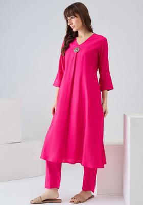 Pink Solid Liva A Line Kurta Set