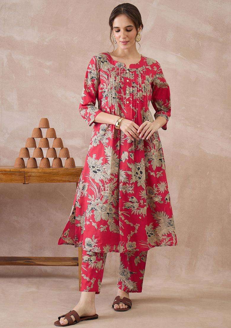 Red Embroidery Cotton Kurta Set - Indya