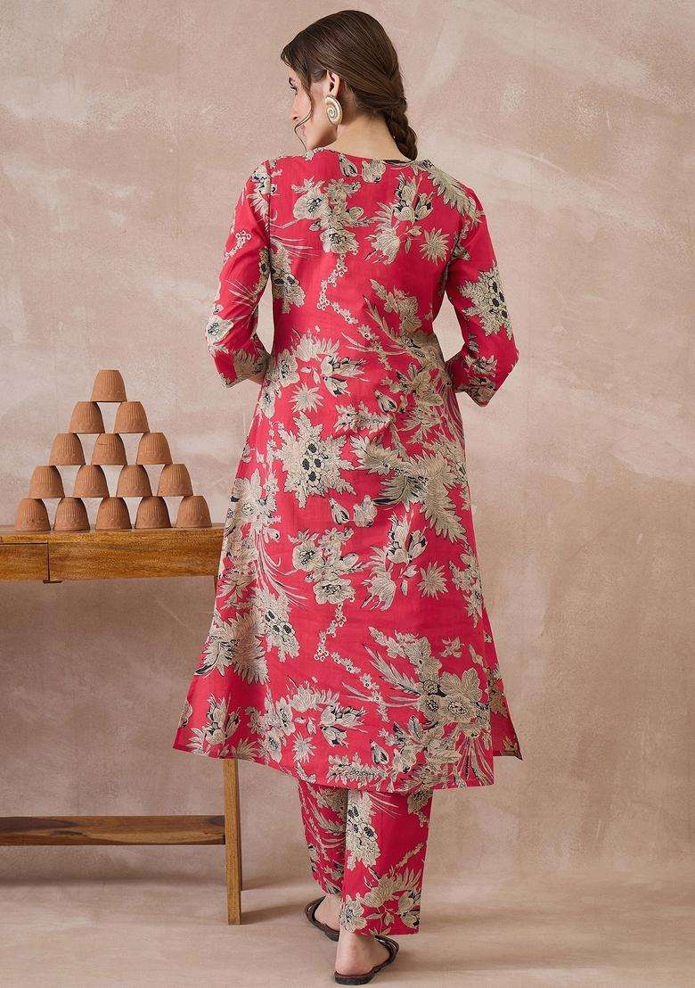 Red Embroidery Cotton Kurta Set - Indya
