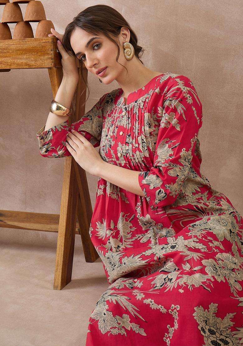 Red Embroidery Cotton Kurta Set - Indya
