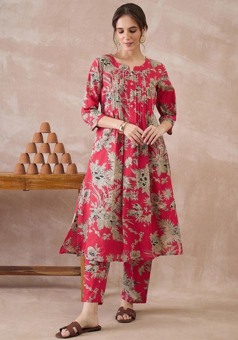 Red Embroidery Cotton Kurta Set
