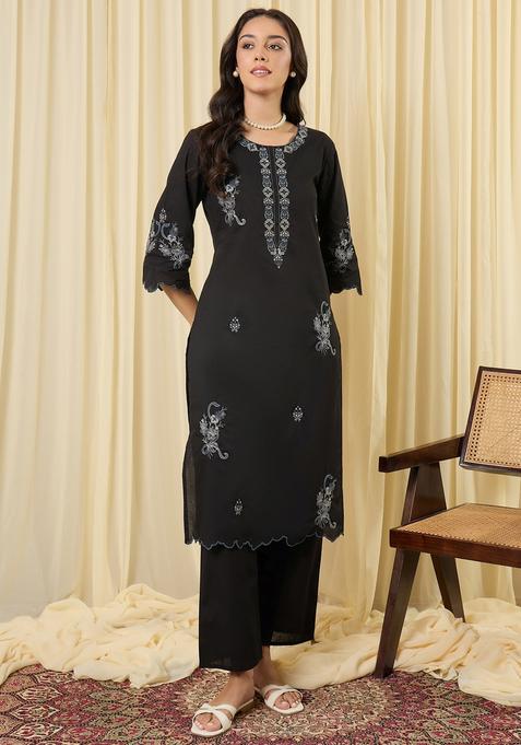 Black Embroidery Cotton Kurta Set