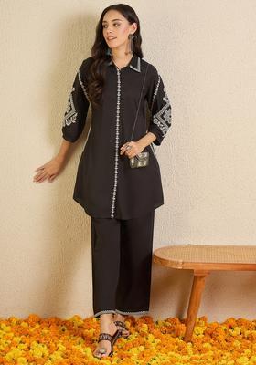 Black Embroidery Cotton Kurta Set