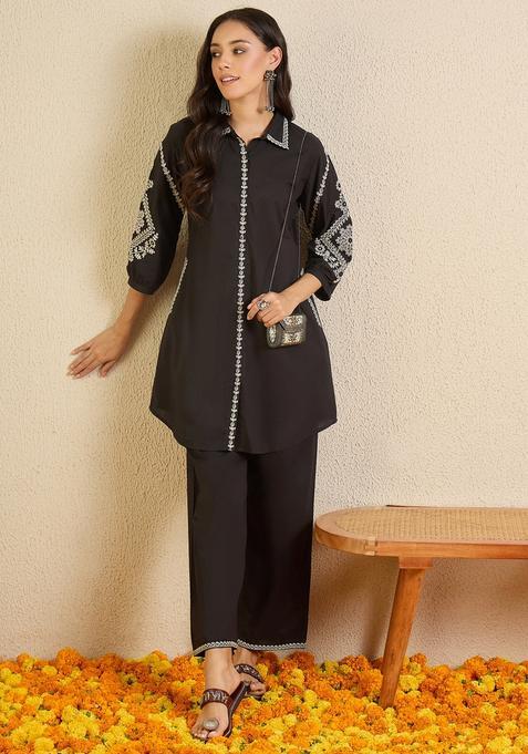 Black Embroidery Cotton Kurta Set