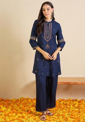 Blue Embroidery Viscose Rayon Kurta Set