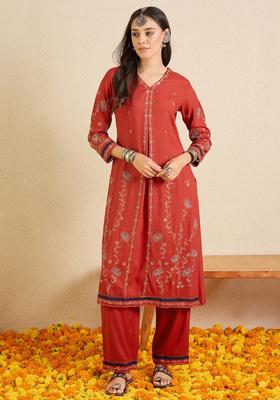 Red Embroidery Viscose Rayon Kurta Set