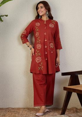 Rust Embroidery Cotton Kurta Set