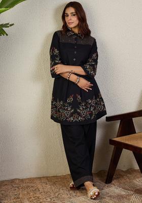 Black Embroidery Cotton Kurta Set