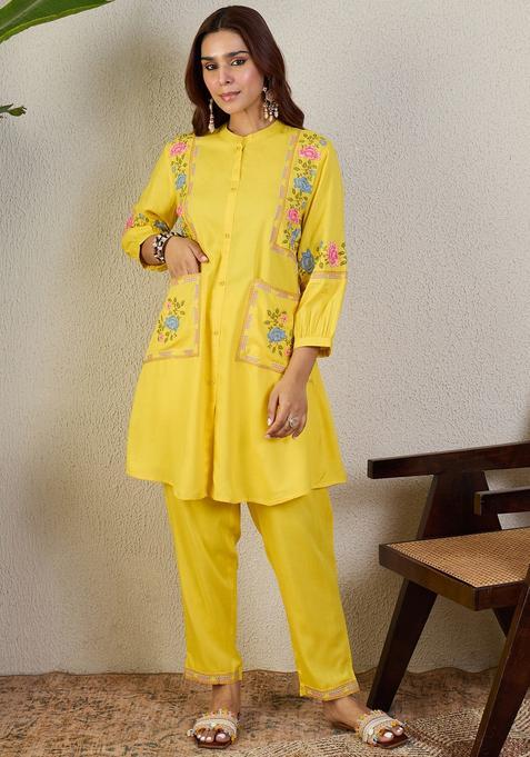 Yellow Embroidery Viscose Rayon Kurta Set