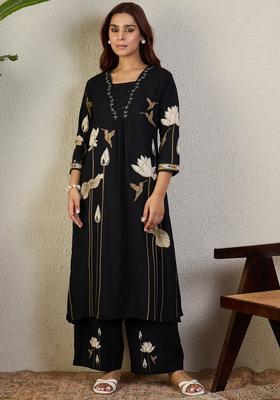 Black Embroidery Viscose Rayon Kurta Set