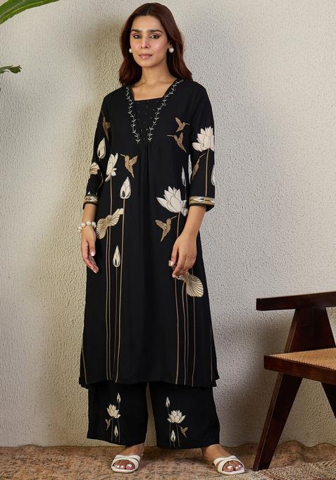 Black Embroidery Viscose Rayon Kurta Set