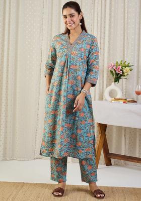 Blue Floral Print Cotton A Line Kurta Set