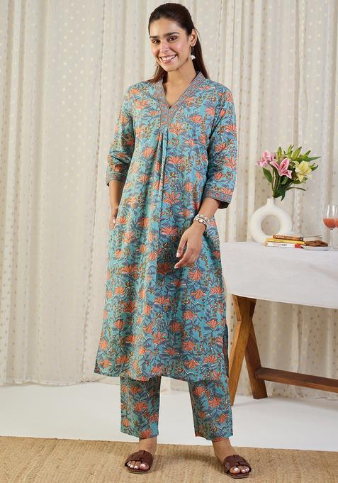 Blue Embroidery Cotton Kurta Set