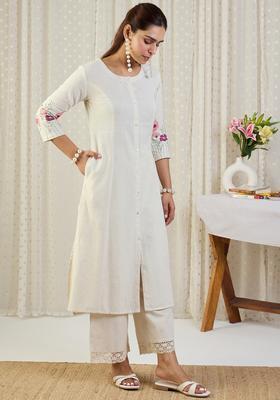 White Embroidery Cotton Kurta Set