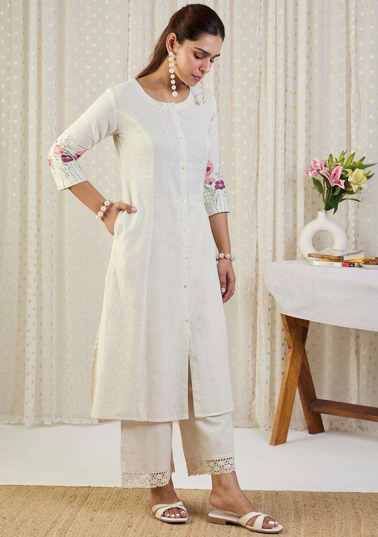 White Embroidery Cotton Kurta Set - Indya