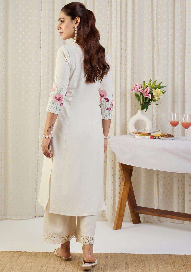 White Embroidery Cotton Kurta Set - Indya
