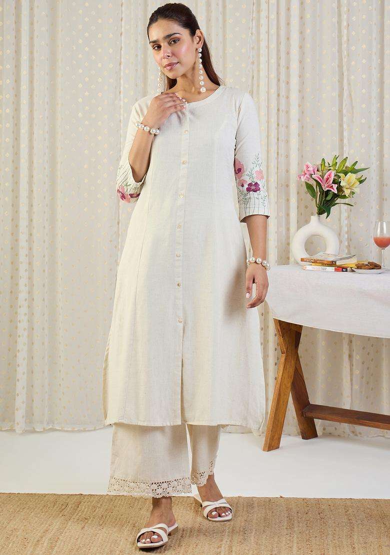 White Embroidery Cotton Kurta Set - Indya