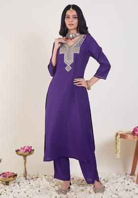 Purple Embroidery Silk Blend Kurta Set