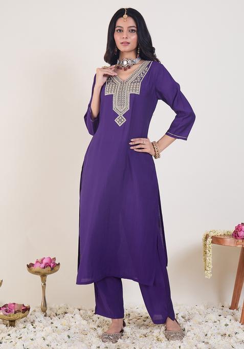 Purple Embroidery Silk Blend Kurta Set