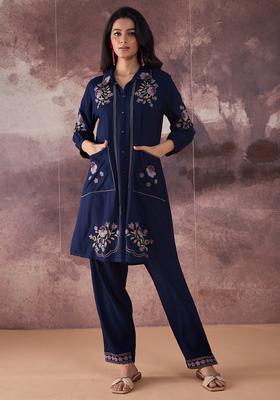 Navy Blue Embroidery Cotton Kurta Set