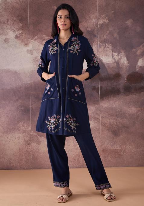 Navy Blue Embroidery Cotton Kurta Set