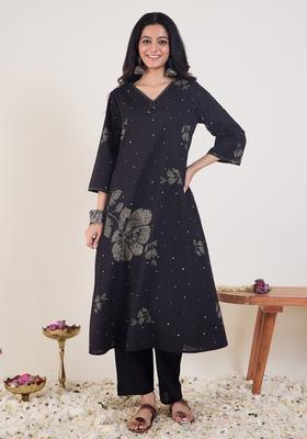 Black Embroidery Cotton Kurta Set