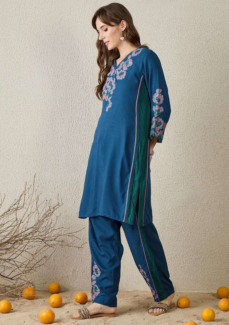 Teal Embroidered Rayon Straight Kurta Set - Indya
