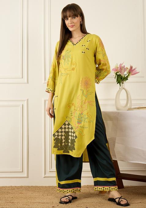 Yellow Embroidery Viscose Rayon Kurta Set