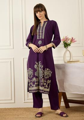Purple Embroidery Cotton Kurta Set