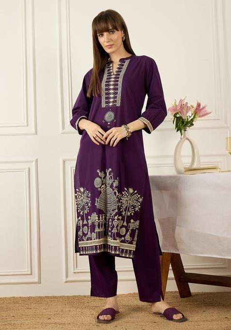 Purple Embroidery Cotton Kurta Set