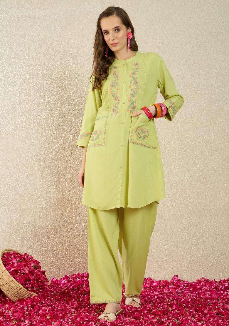 Green Embroidered Rayon Co Ord Set - Indya